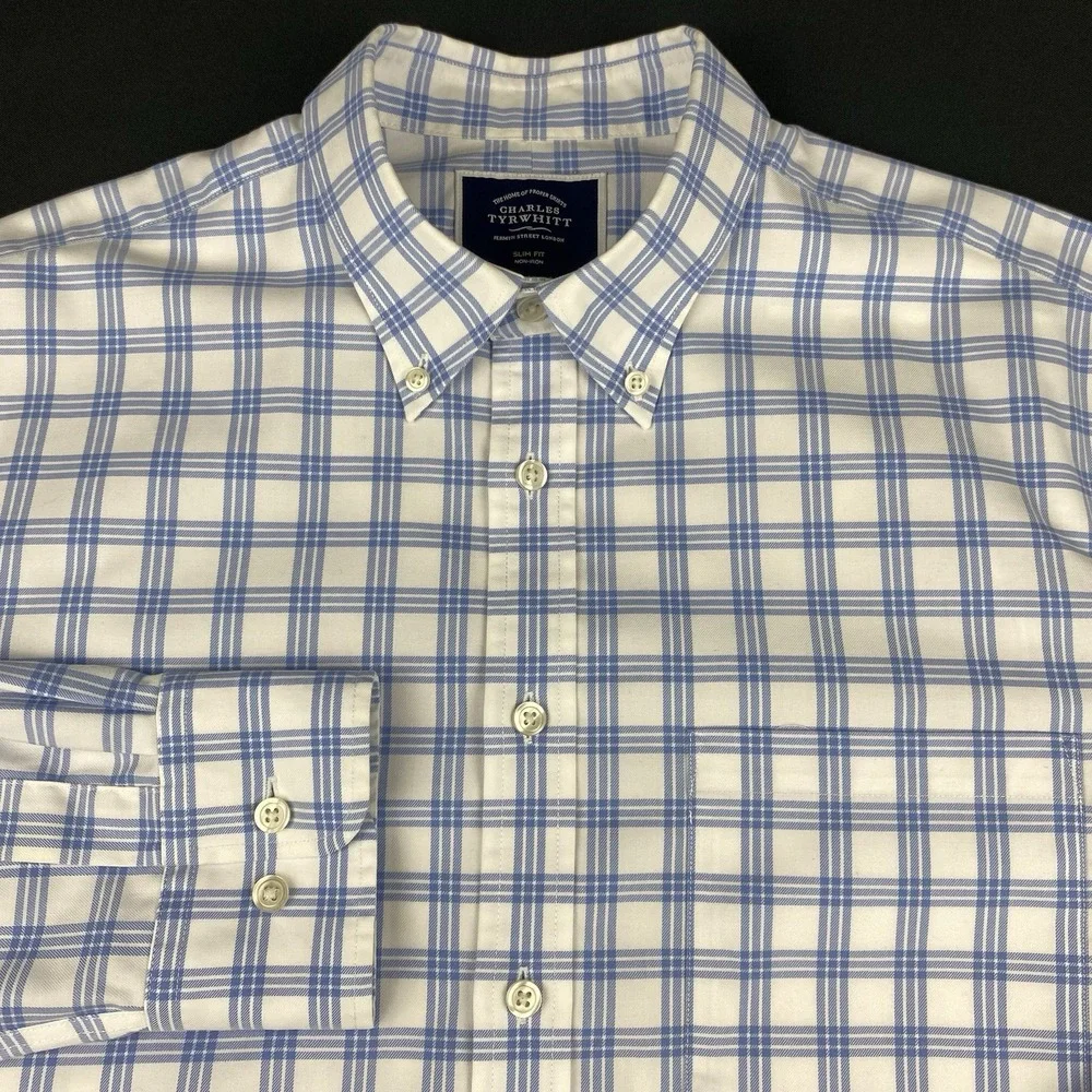 Charles Tyrwhitt Shirt Mens Large Blue/White Checks Slim Fit Non Iron